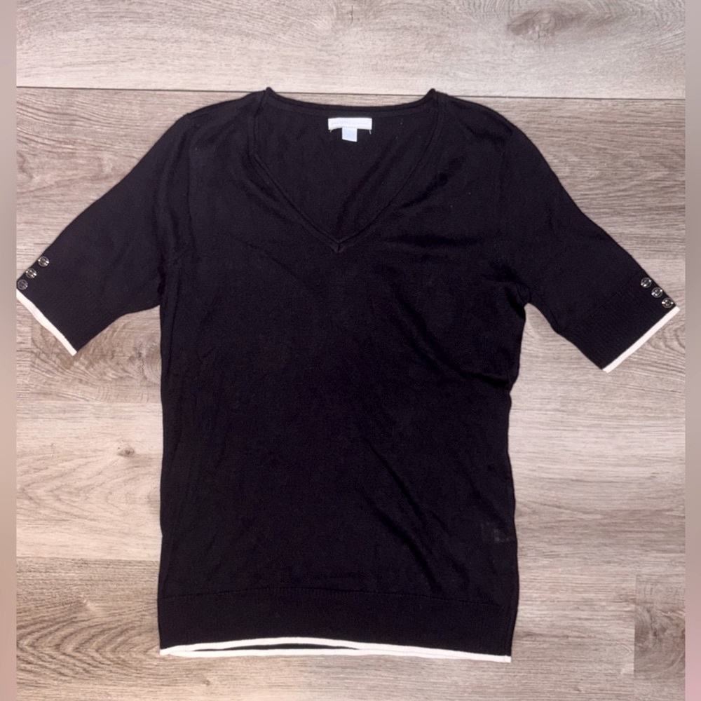 New York & Company Black V-Neck Blouse with Button Detail